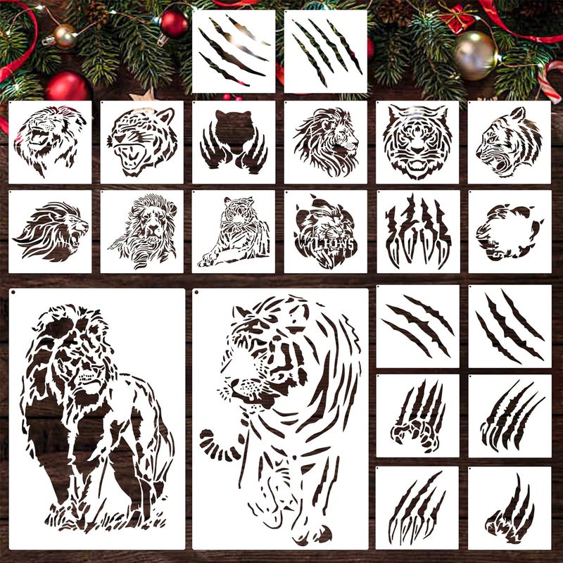 Resflyar 22 PCS Lion Tiger Stencils, Tiger Paws Reusable Plastic Paint Templates for Painting on Wood, Lion Tiger Head Stencils Set for Canvas Drawing Art Tile Home Wall DIY Craft Decoration, 2 Size - Image 1